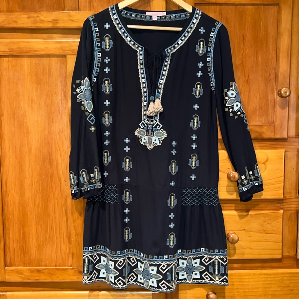 Calypso St. Barth Navy Embroidered Silk Long Sleeve Dress Size Small